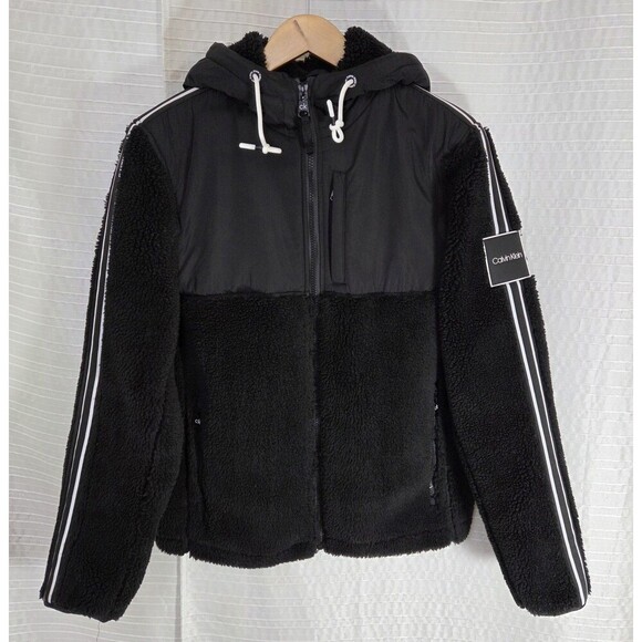 Calvin Klein Sherpa Jacket Men’s S Full Zip Black w/ Stripe and Logo - Picture 1 of 11